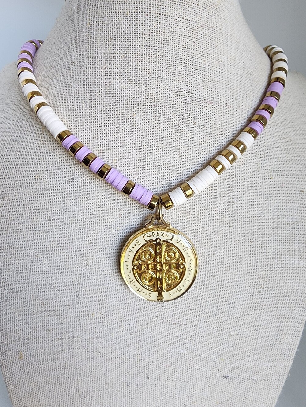 San Benito Medal Necklace Lavender White Heishi Beads Gold Tone 18"